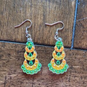 Green & Orange Crystal Tiered Drop Earrings